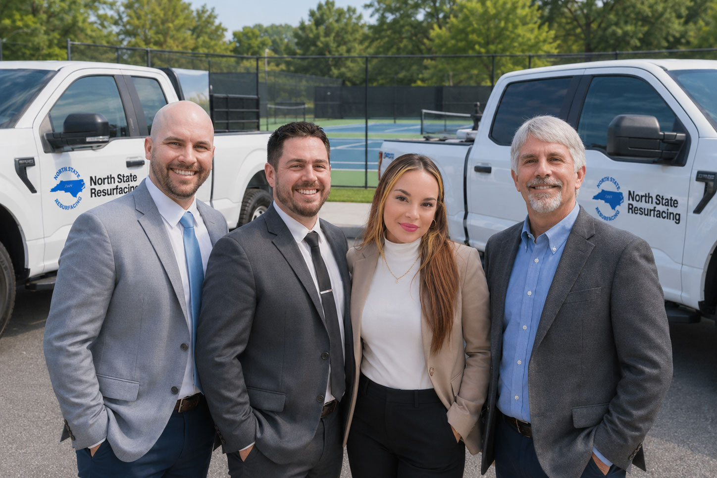 The North State Resurfacing team in front of their trucks at a tennis court